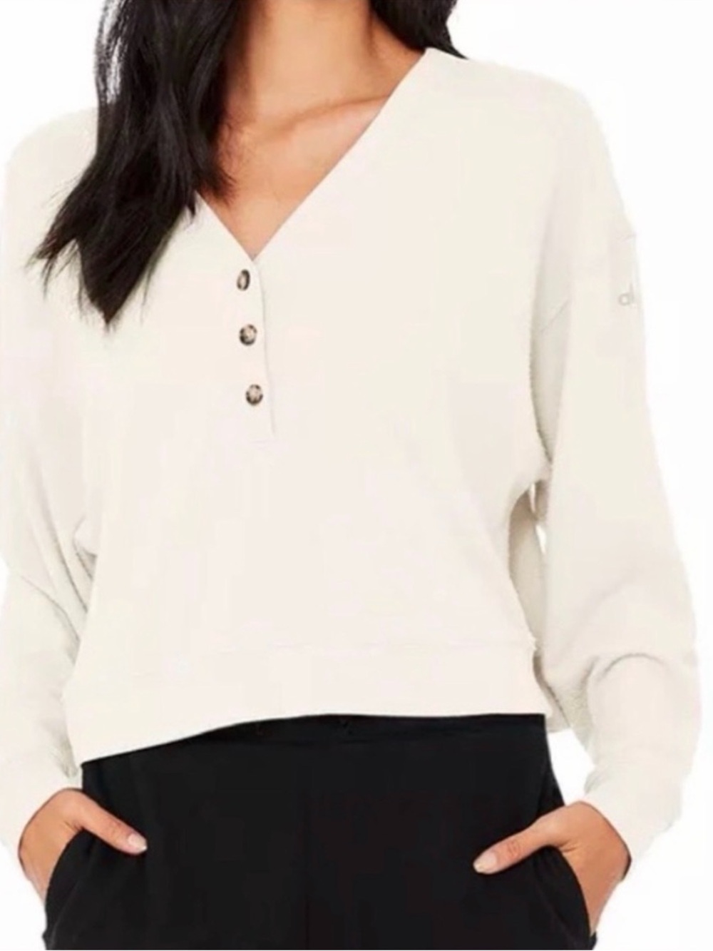 ALO Yoga AloLux SoHo Henley Cropped Long Sleeve in Ivory White, Women’s XS